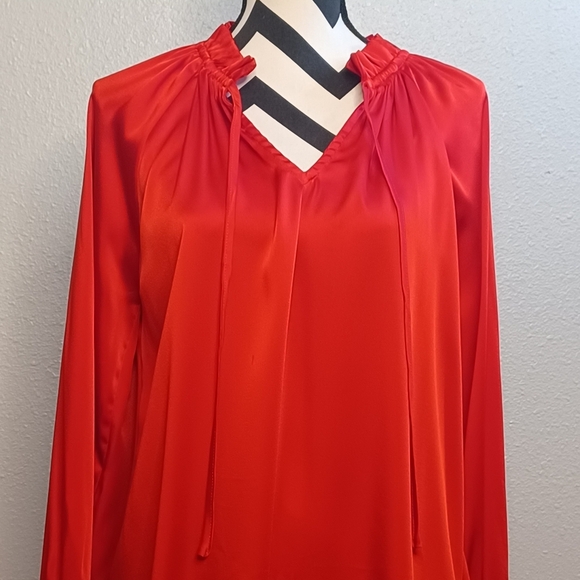 Jodifl Red Satin Ruffle Tie Neck Long-Sleeve Christmas Holiday Evening Blouse - Picture 3 of 11